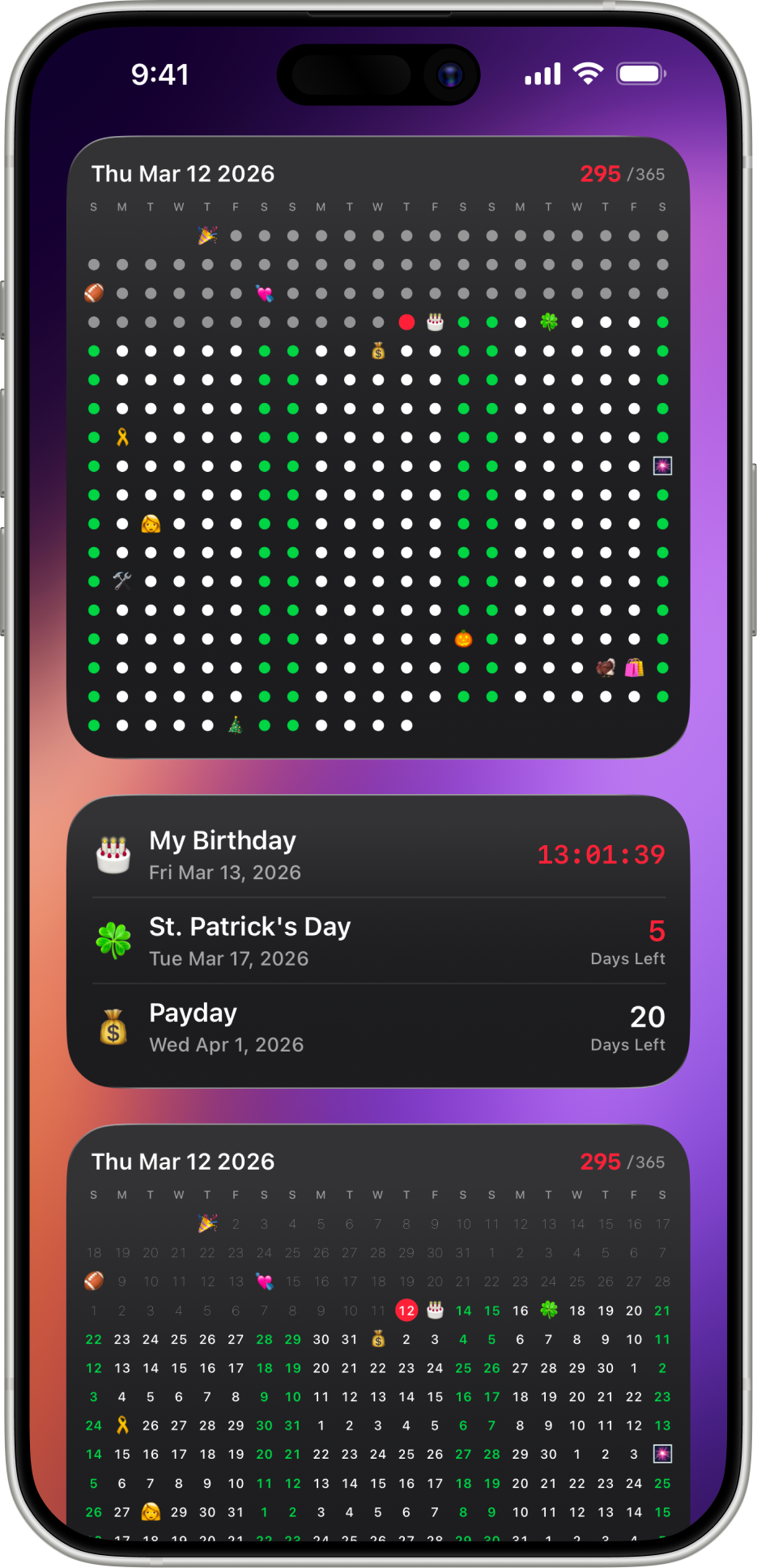 Day Grid countdown widget app screenshot showing a year-at-a-glance calendar grid on iPhone